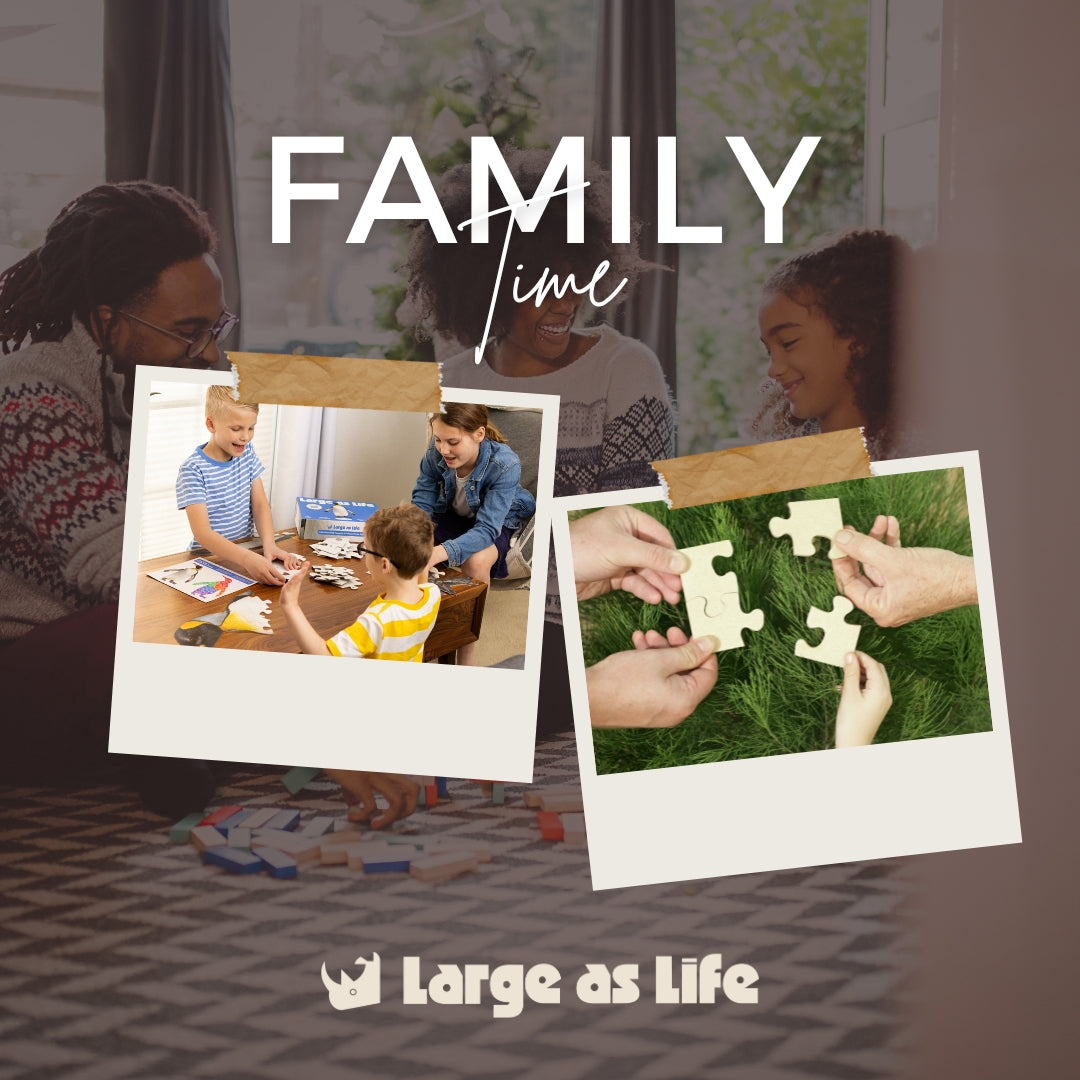 text saying: Family Time. Also three different images of families doing puzzles together