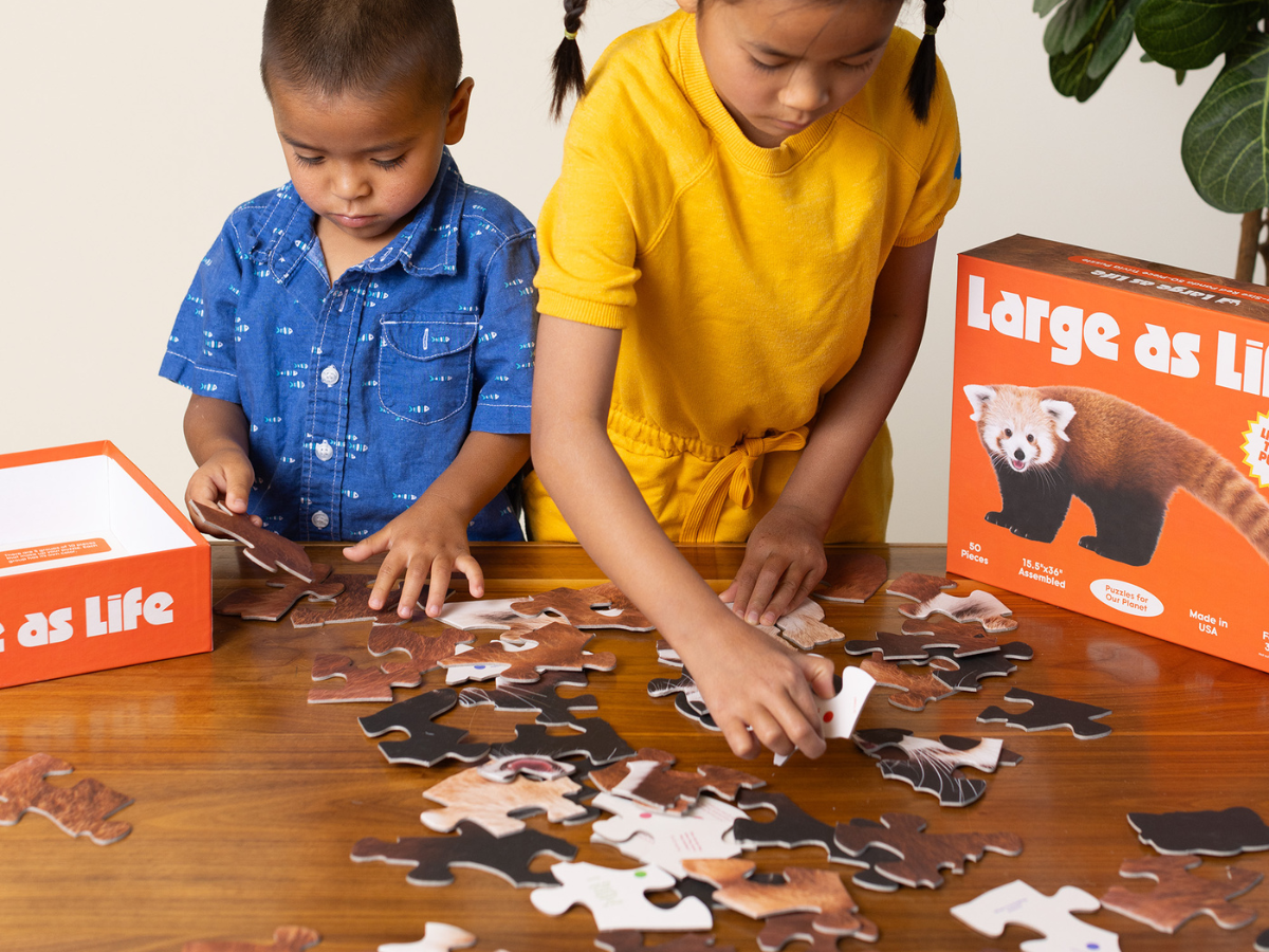 Two kids putting together a life-size red panda jigsaw puzzle by Large as Life