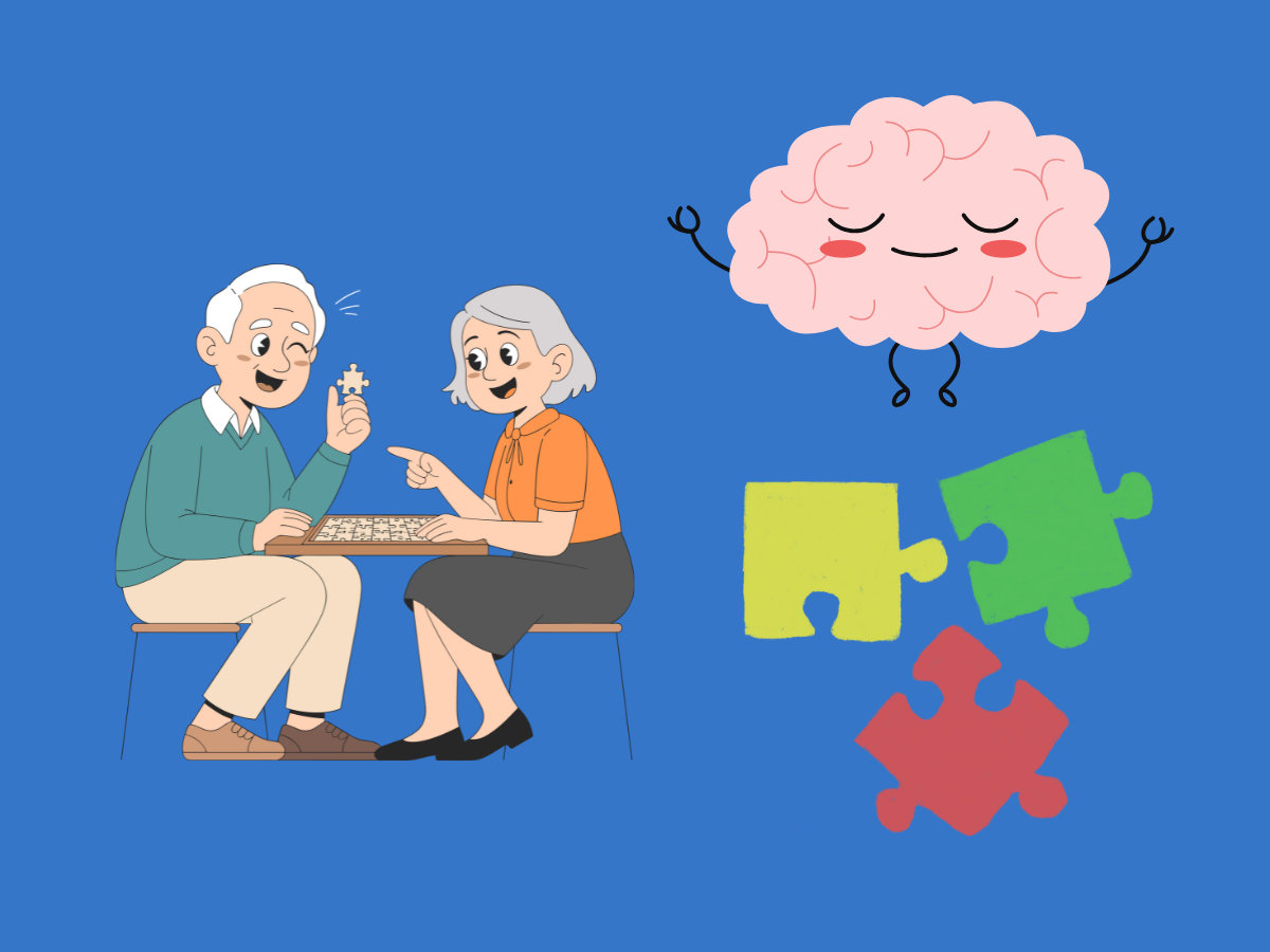 Jigsaw puzze pieces and an image of a peaceful brain, meditating