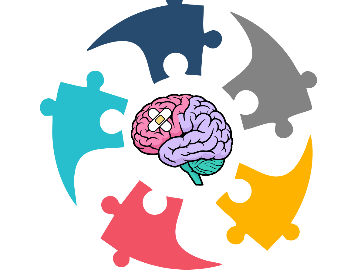 Image showing puzzle pieces surrounding a brain that has bandages on it, showing how puzzles can help with TBI rehab