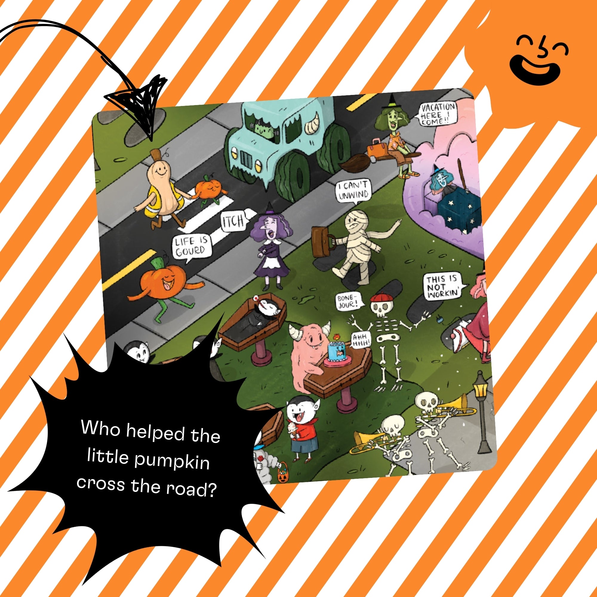 Cartoon-style illustration of Halloween-themed characters, showing how the illustrations match up with the included Halloween Jokes