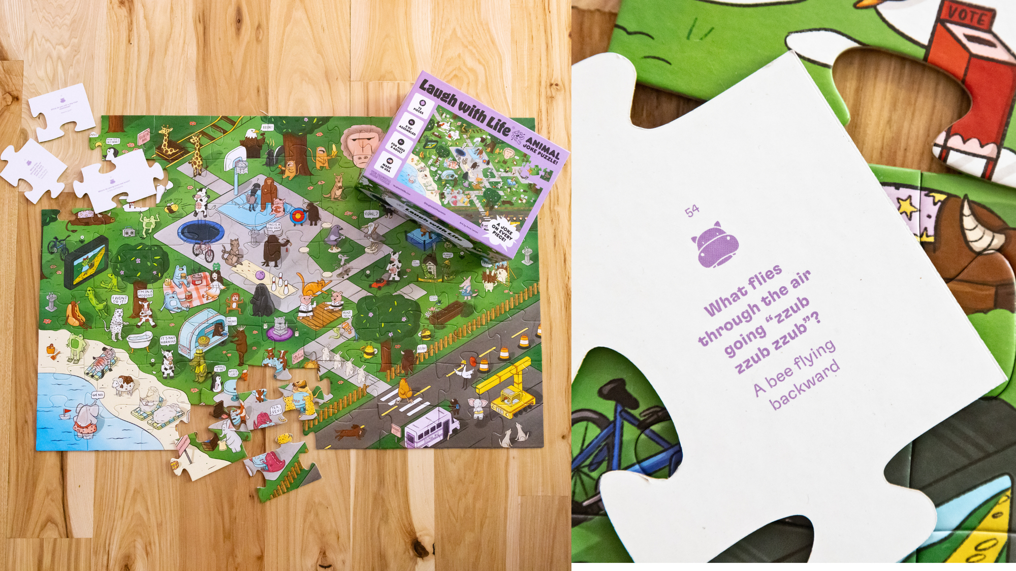 side by side images showing a whole Animal Joke Puzzle nearly completed, as well as a close up shot of the back of one of the large puzzle pieces, which shows a joke printed on the back of the puzzle piece