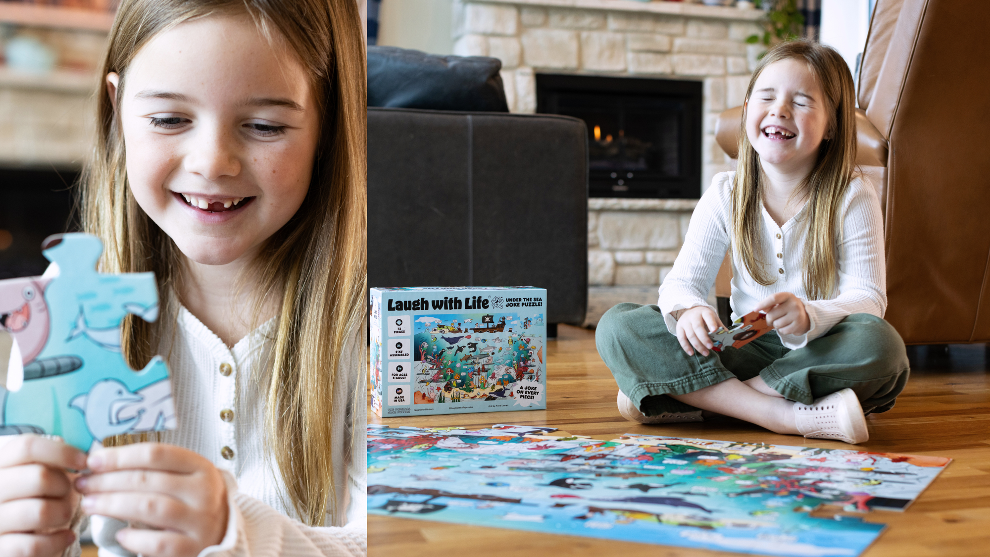 Little girl reading a joke from the back o fa puzzle piece, and then laughing, while completing the Under the Sea Joke Puzzle