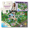 Joke puzzle with cartoon animals and a girl sitting on it, featuring humorous animal puns.