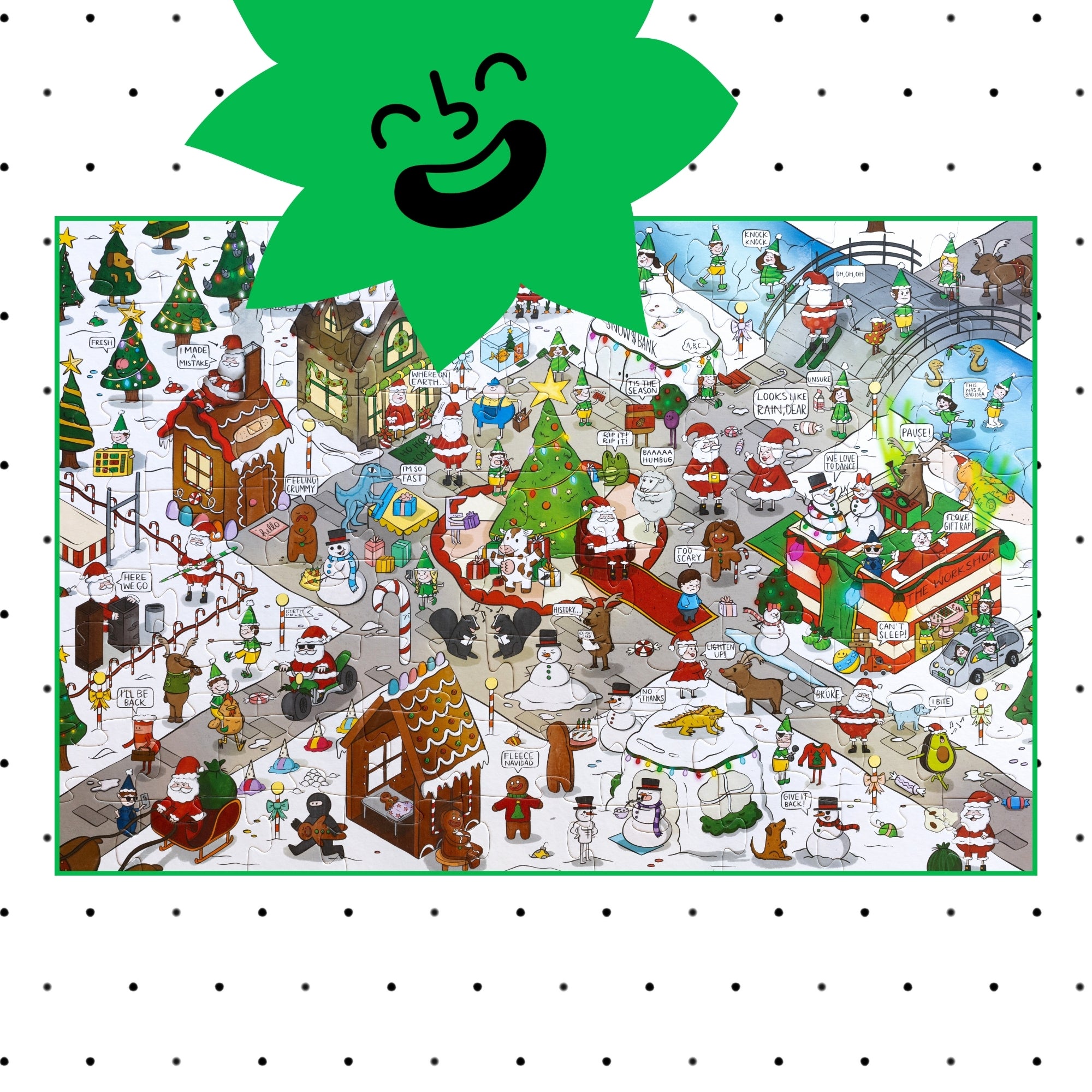 Christmas-themed 72-piece jigsaw puzzle for kids, with funny Santa Claus and winter scene on a white background.
