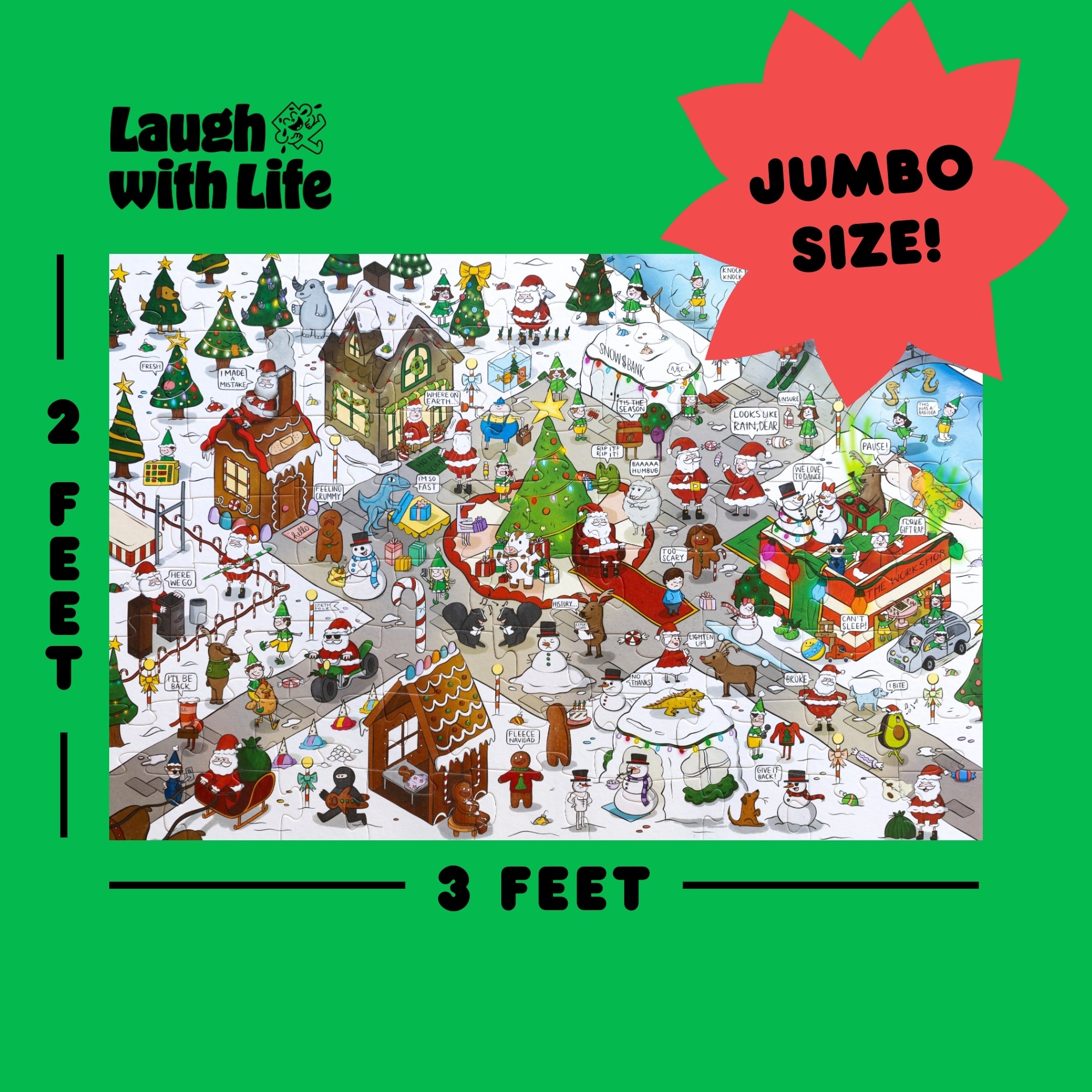 Joke puzzle with Christmas theme on a green background, featuring 'Laugh with Life' branding.