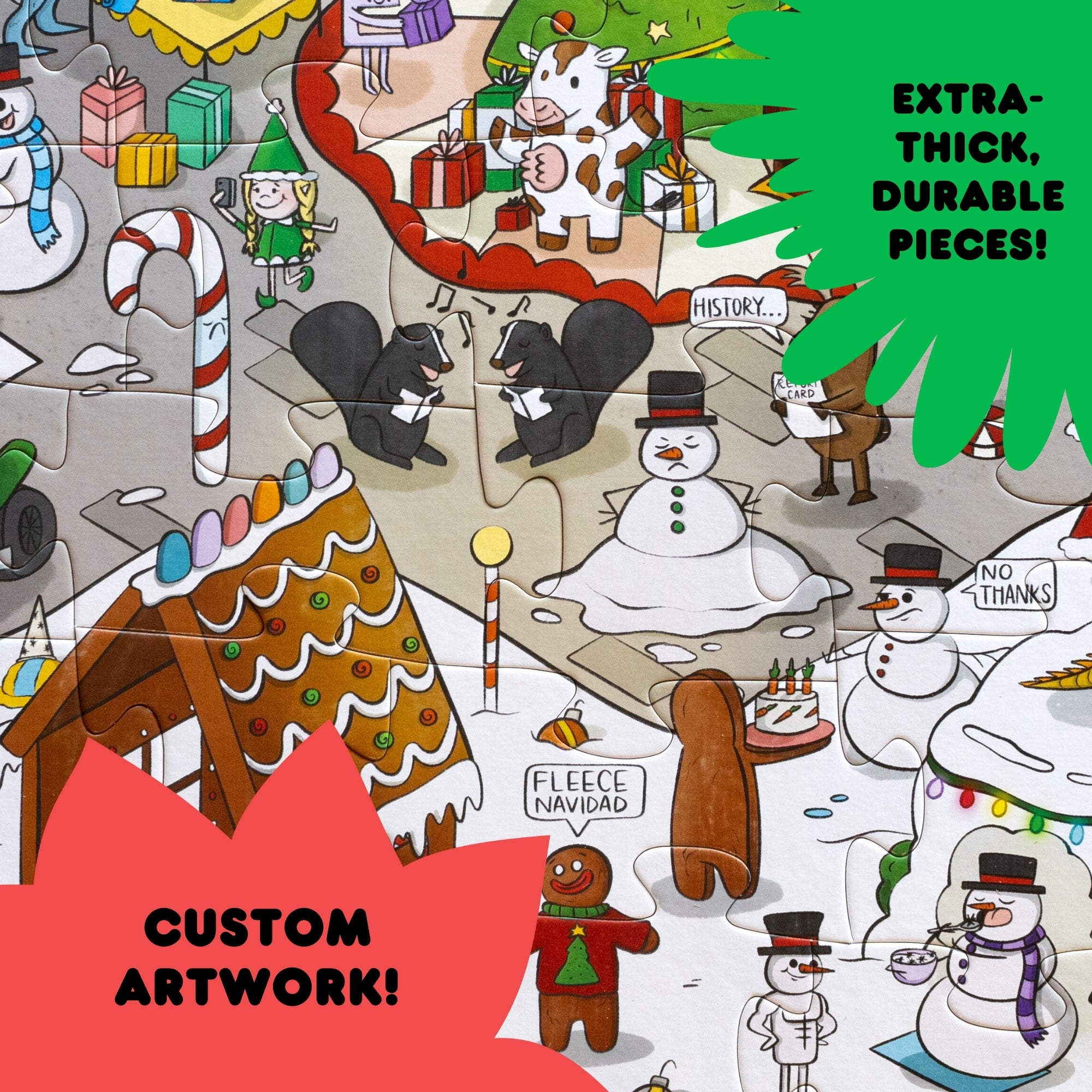 Illustrated Christmas scene with various characters and text on a colorful background
