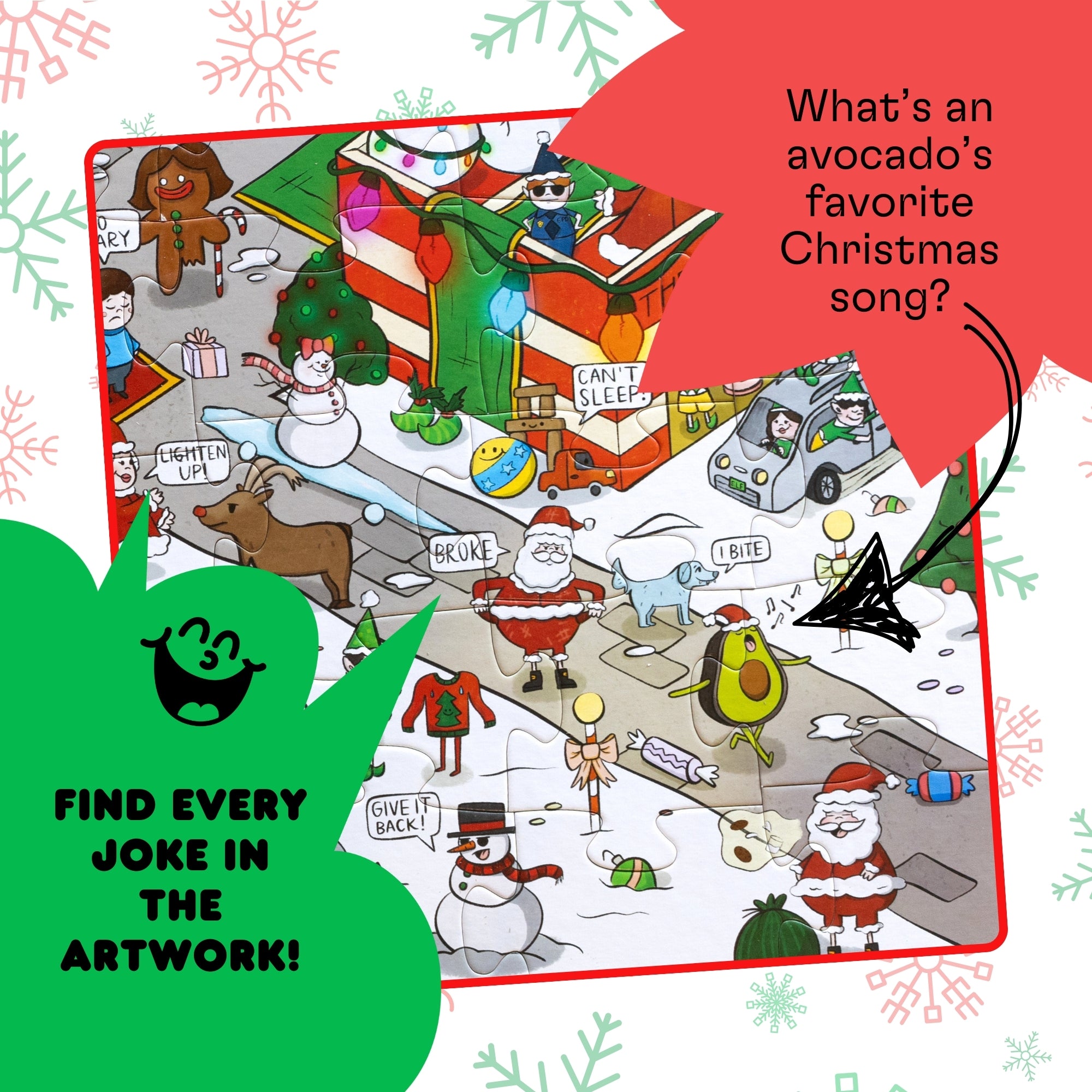 Illustrated Christmas scene with various characters and text, showing how the Christmas jokes are illustrated in the puzzle artwork