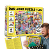 Dad Joke Puzzle plus joke insert plus image of a dad opening the gift of the dad joke puzzle