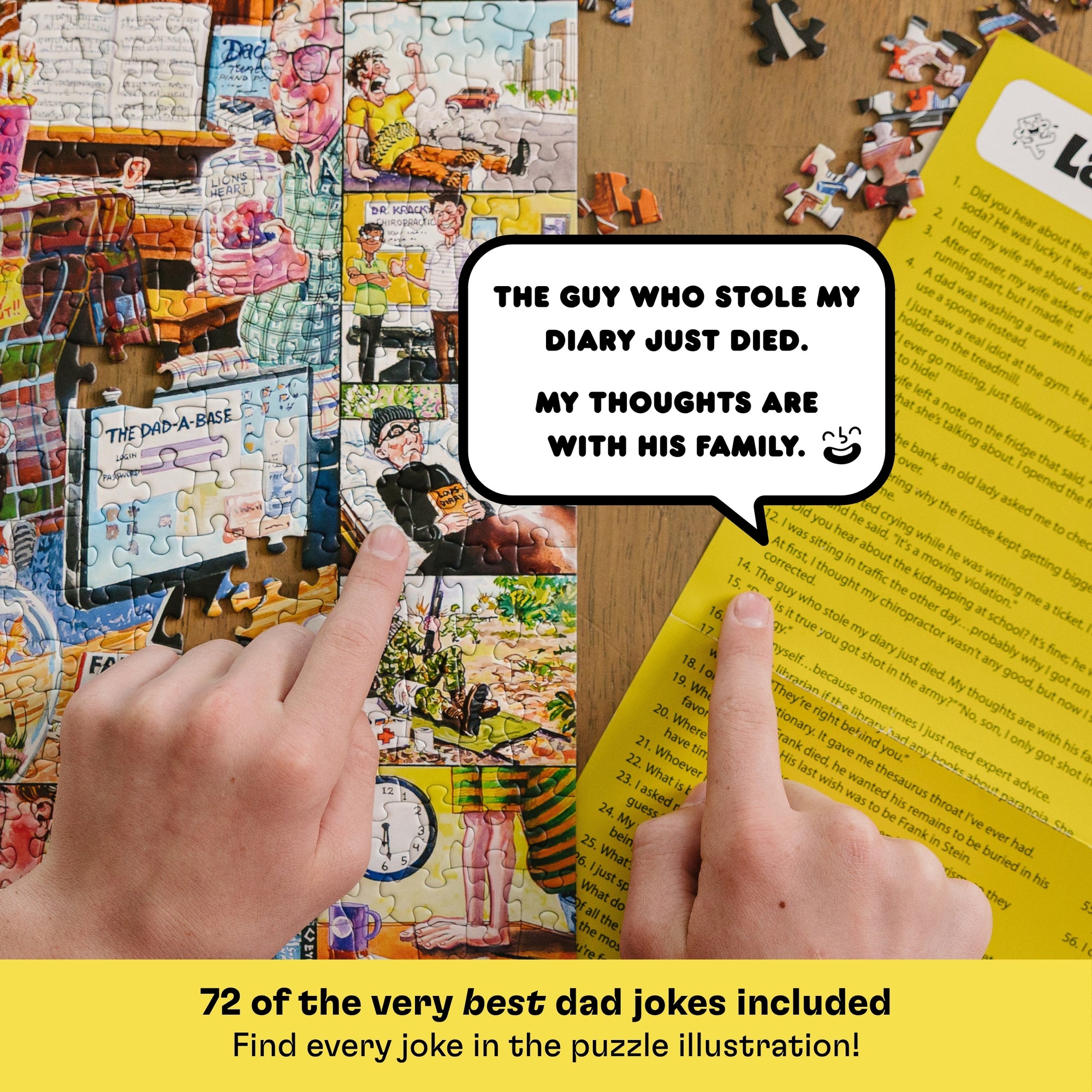 Jigsaw puzzle with a dad joke theme, hands pointing to text on a yellow sheet.