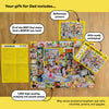 Dad joke puzzle set with packaging and reference picture on a wooden surface