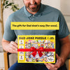 Man holding a 'Dad Joke Puzzle' box with a red bow, text overlay 'The gift for Dad that's easy (for once).'