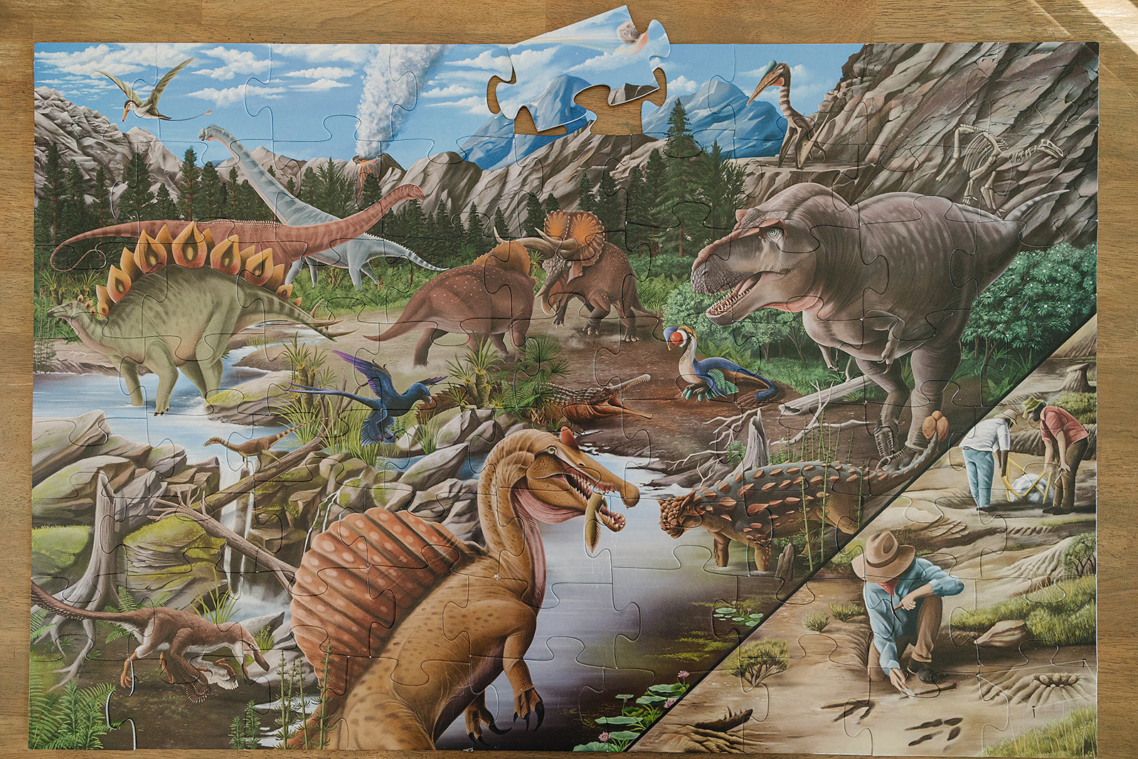 Dinosaur puzzle with various dinosaurs and a landscape background
