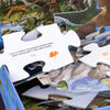 Dinosaur-themed puzzle with missing pieces and educational text on a wooden surface.