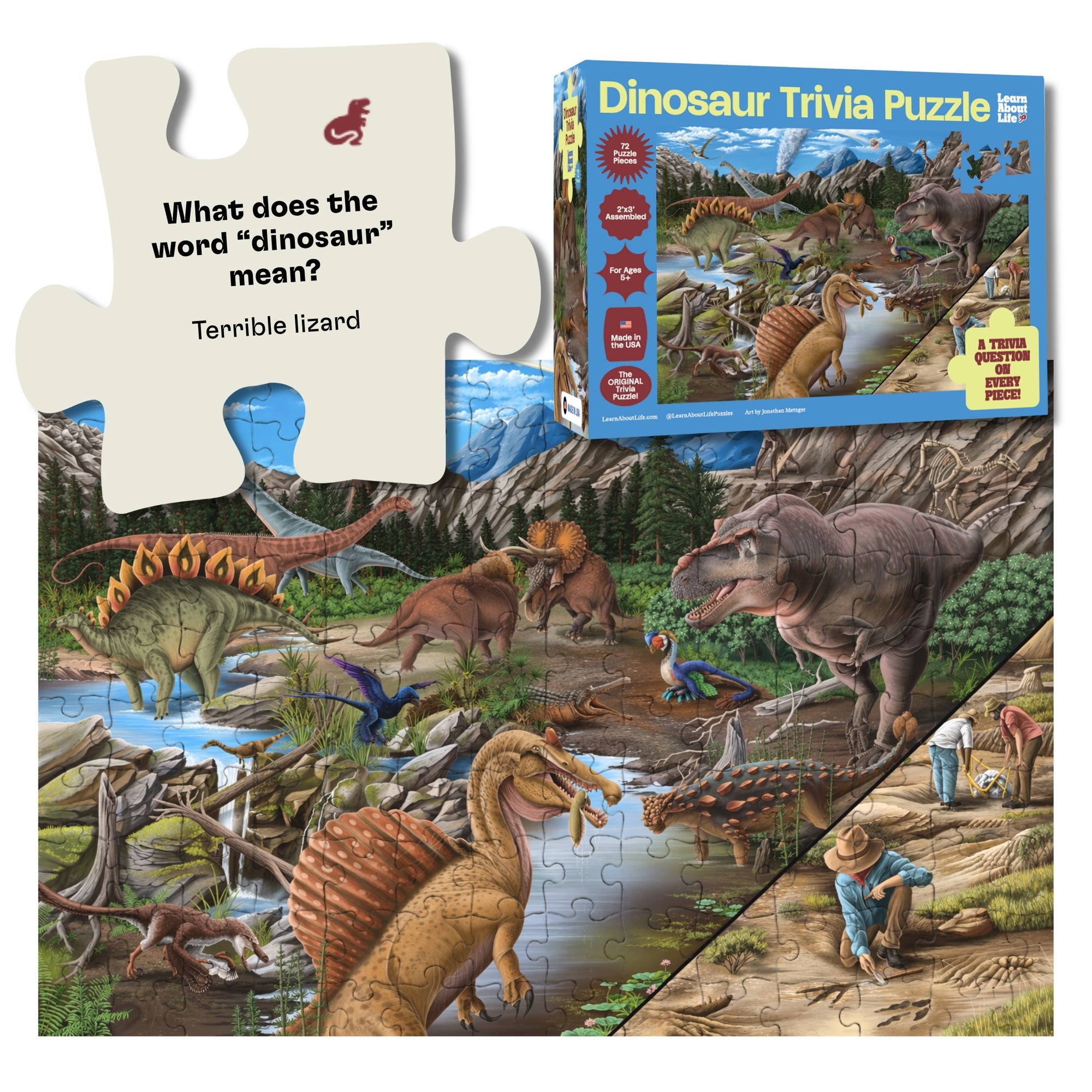 Dinosaur-themed puzzle with a piece showing dinosaur trivia on the back, plus the puzzle and puzzle box in the background.