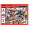 Box of a 'Funny Political Quotes Puzzle' with various caricatures and text on a red background.