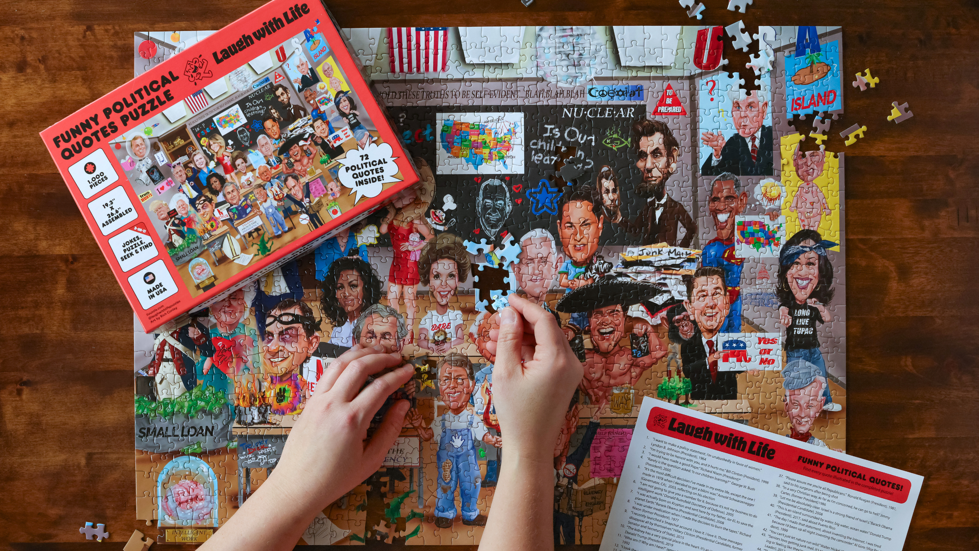 Funny Political Joke Puzzle (1,000 pieces, political caricatures) showing included insert with Funny Political Quotes