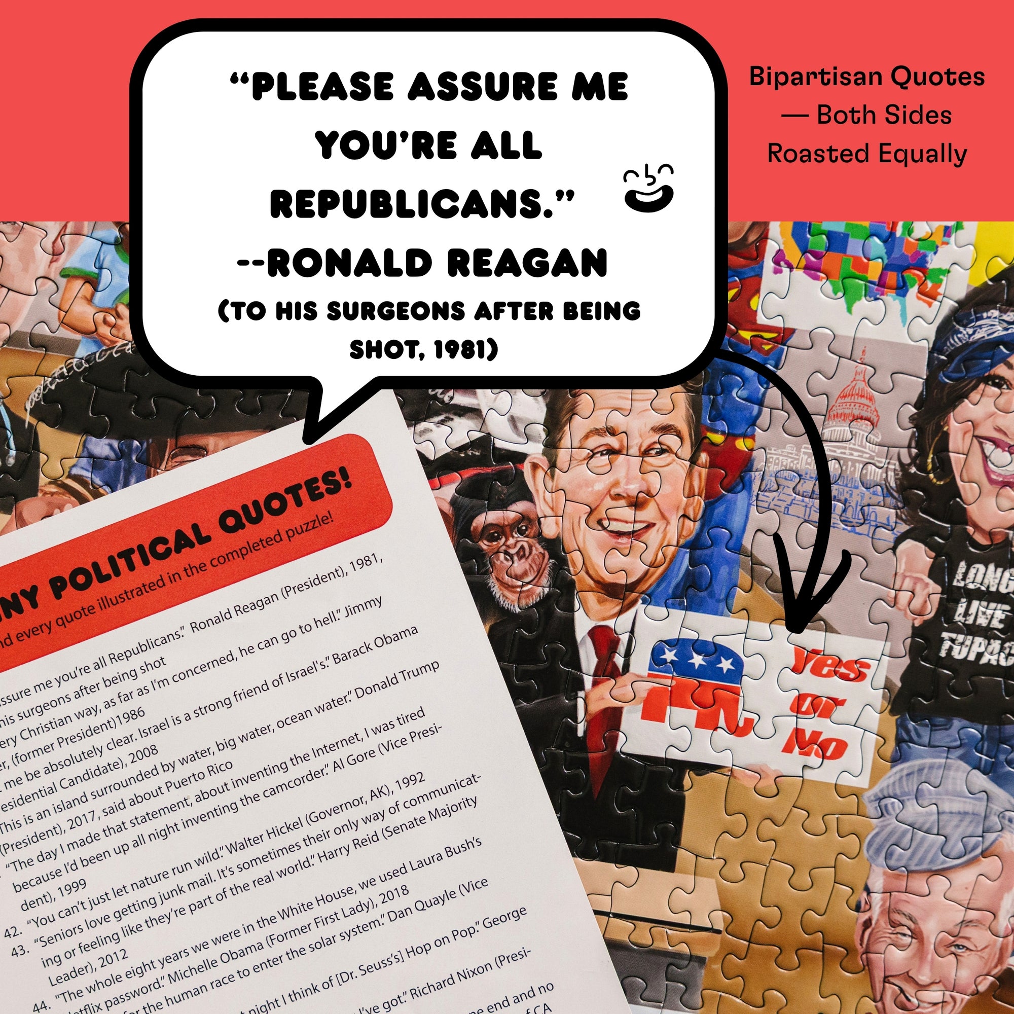 Funny political quote in a quote bubble, showing the corresponding puzzle illustration