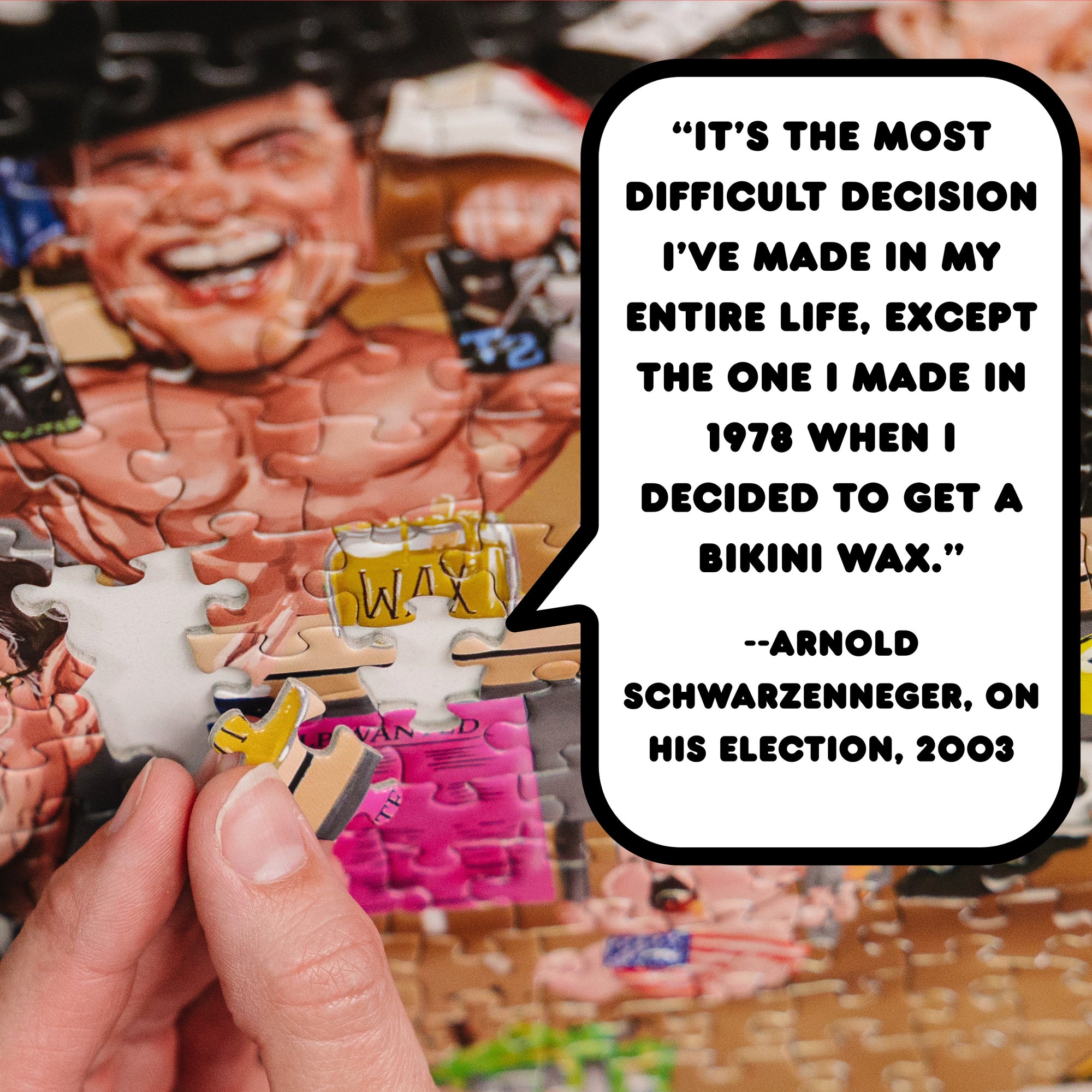 Funny political quote in a quote bubble next to the puzzle image