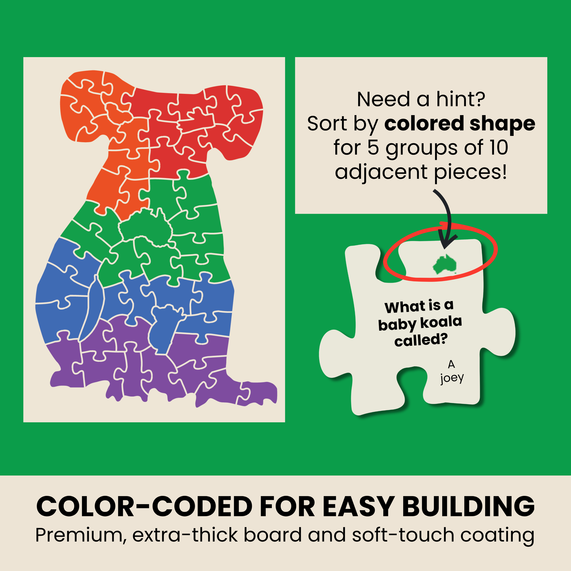 Color-coded puzzle with a baby koala illustration and text on a green background
