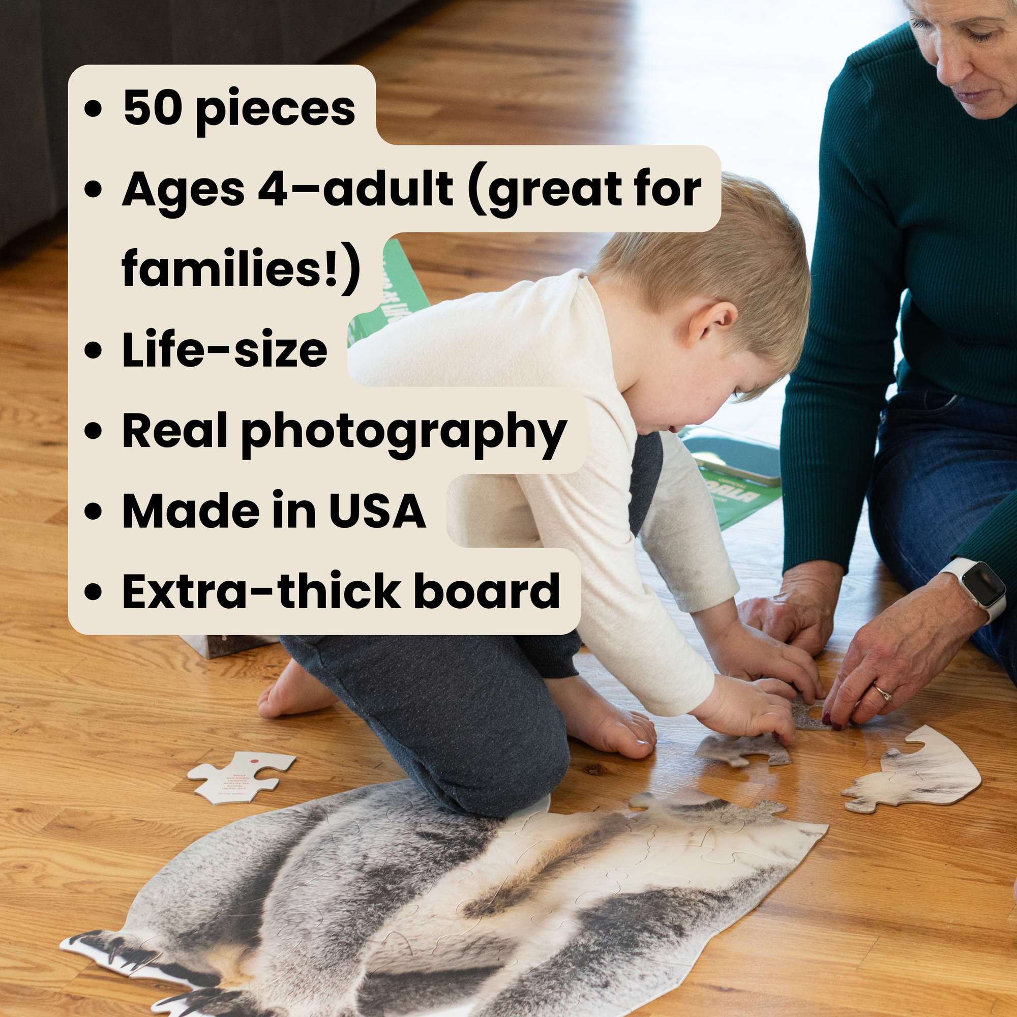 Child and adult working on a koala puzzle together with text overlay about product features.