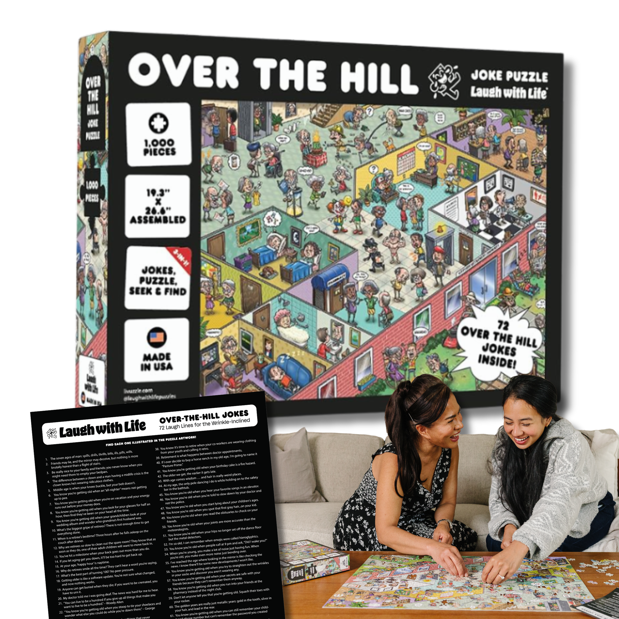 Joke puzzle box titled 'Over the Hill' with two people solving a puzzle inside.