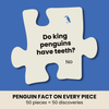 Jigsaw puzzle piece with a penguin fact on a blue background