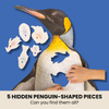 Penguin-shaped puzzle with hidden pieces against a blue background