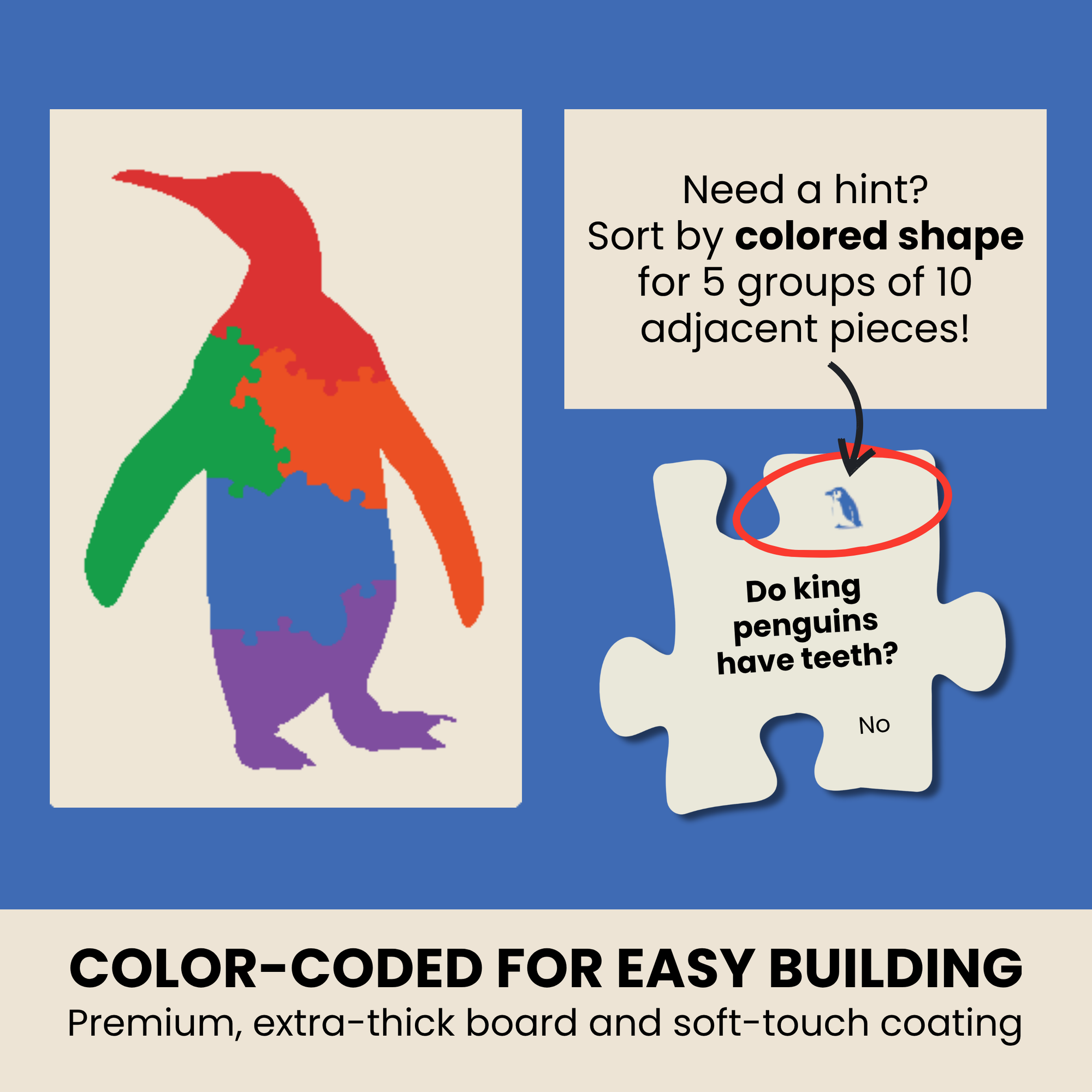 Colorful penguin illustration with puzzle piece and text on a blue background