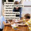 Children playing with a penguin puzzle at a table, with text overlay about product details.