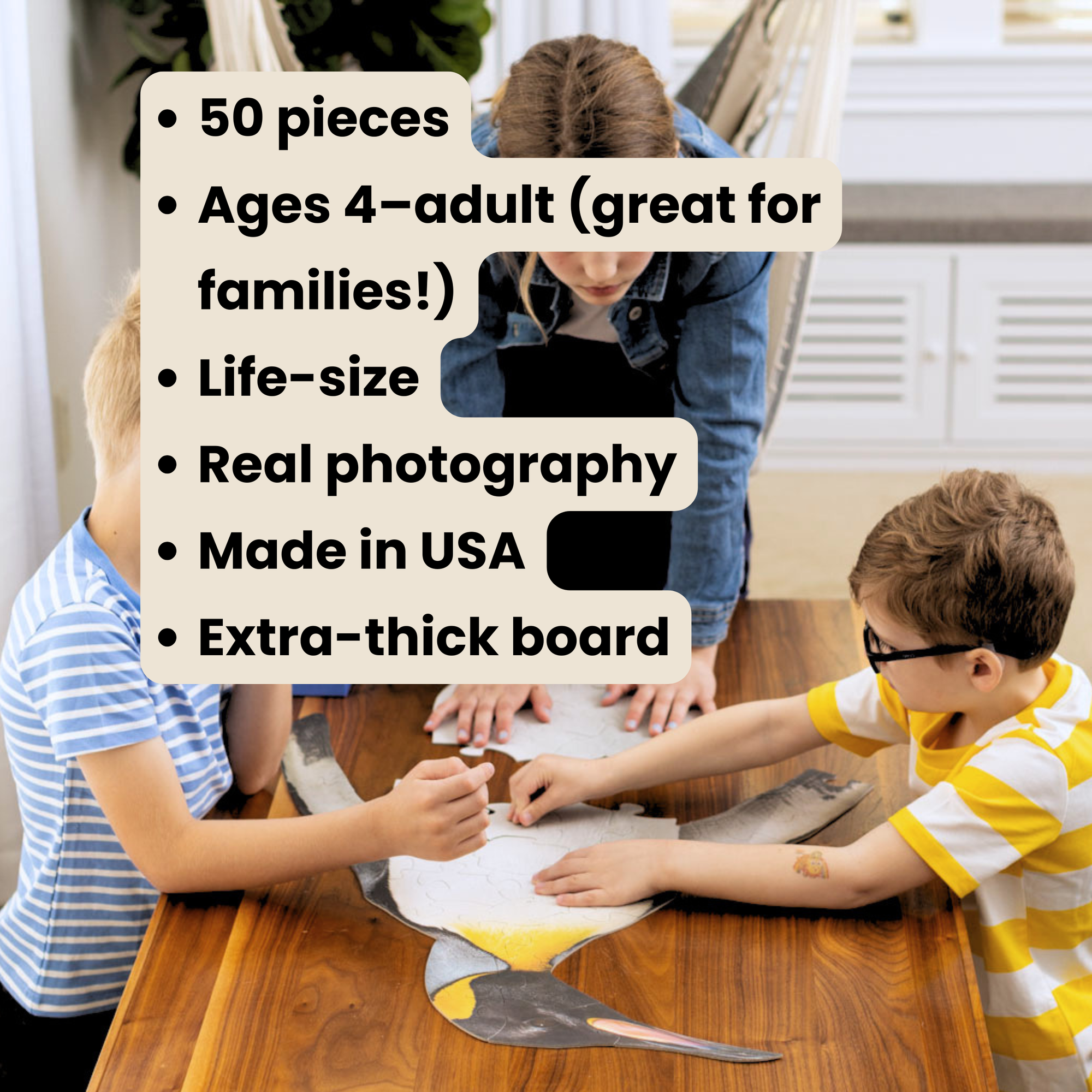 Children playing with a penguin puzzle at a table, with text overlay about product details.