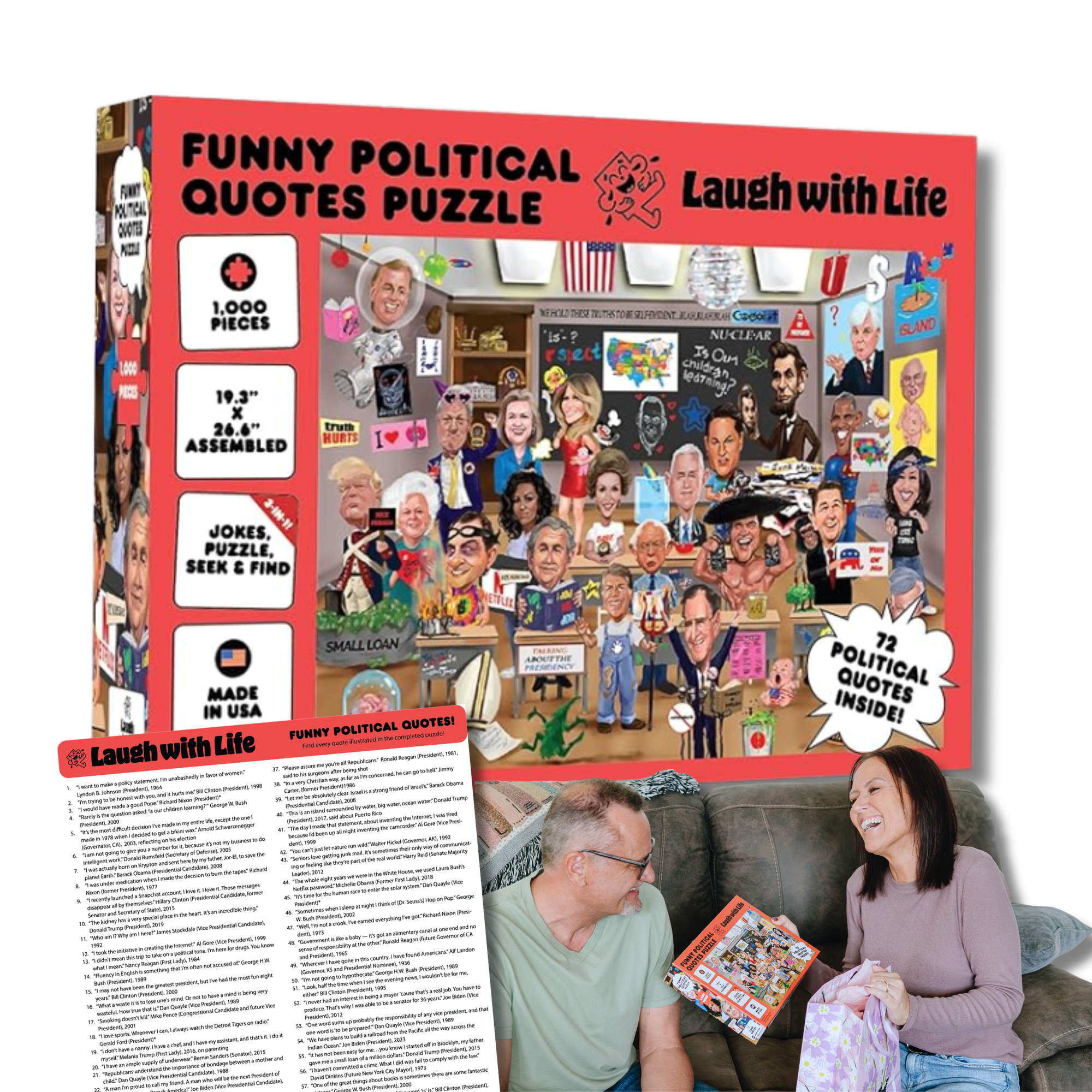 Funny Political Quotes puzzle with quote insert and a man and a woman laughing about the gift.