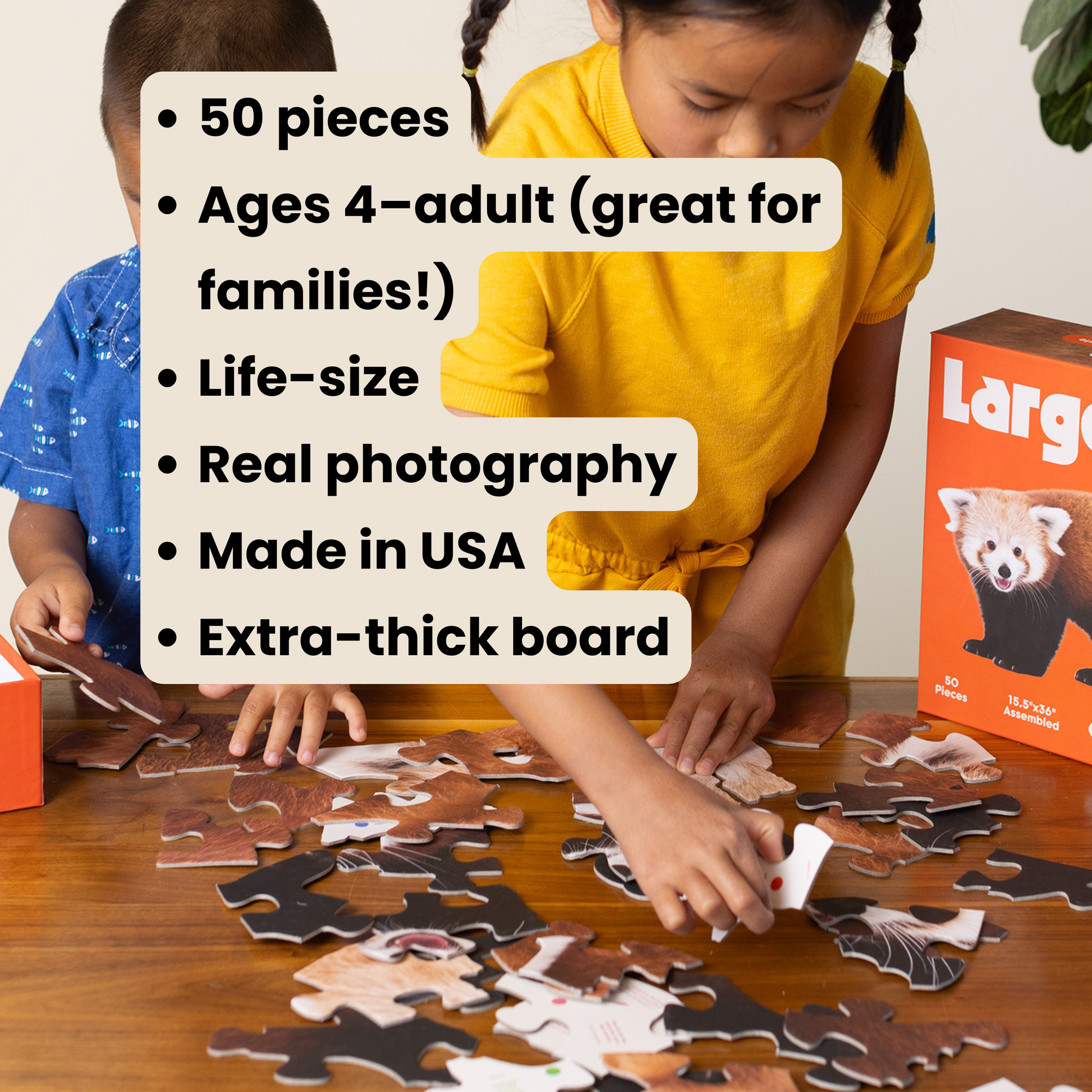 Children working on a puzzle with product details overlayed
