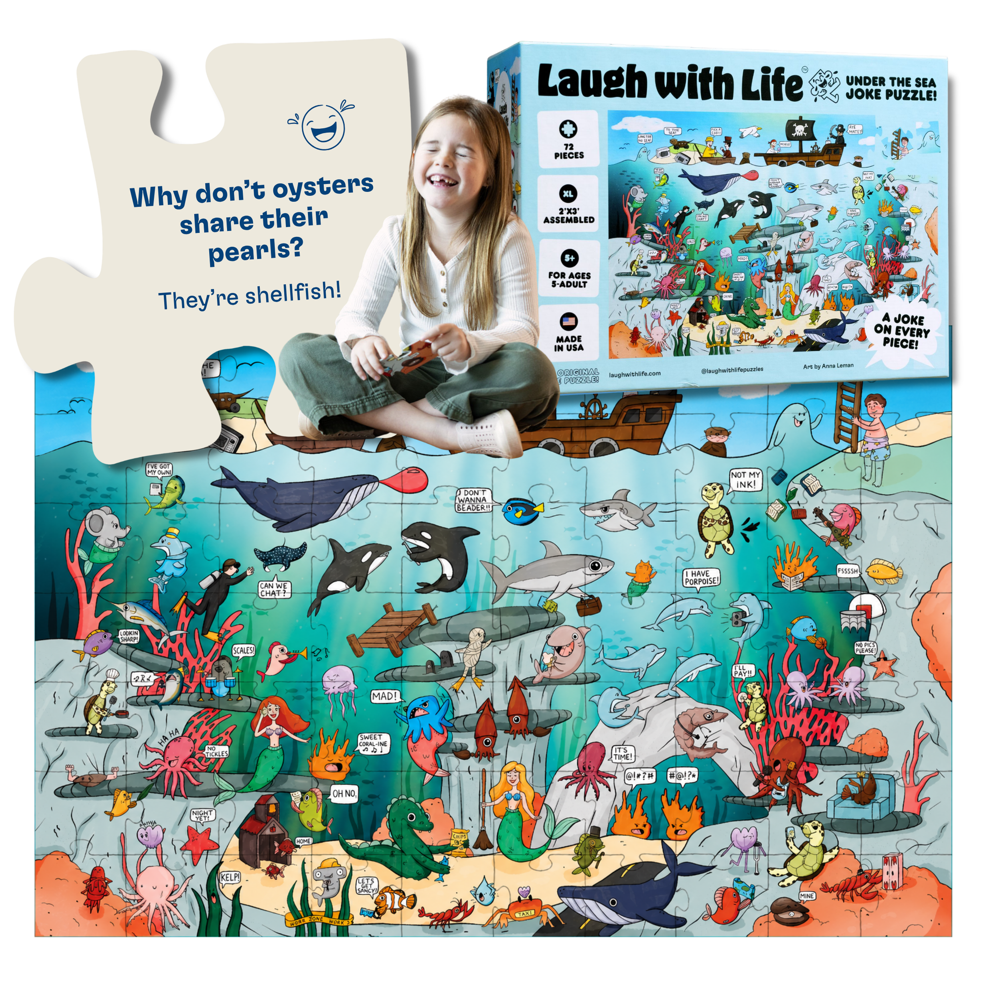 Under the Sea Joke Puzzle, plus zoomed in puzzle piece showing a joke about oysters on the back, plus puzzle box
